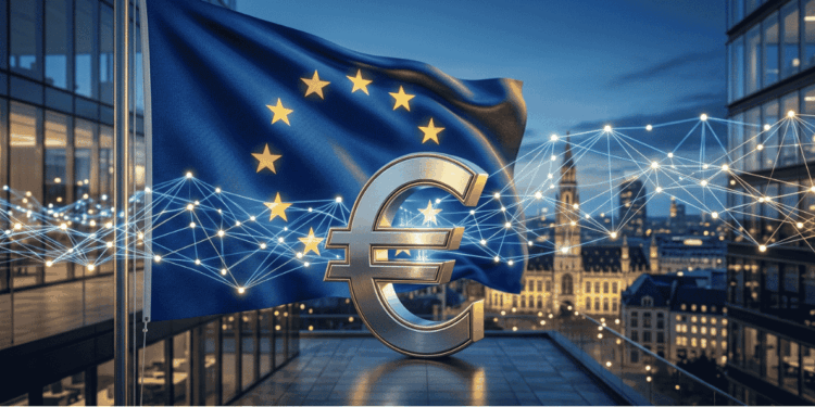 Euro digital, una red de criptomonedas, bandera de la UE.