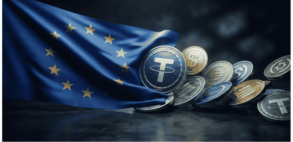 La bandera de la UE expulsando Stablecoins.