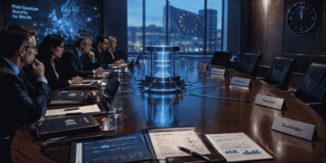 Ilustración editorial de una sala de consejo en Bruselas. En una mesa ovalada de madera oscura se sientan ejecutivos con trajes formales y carpetas con logos abstractos de bancos y aseguradoras. En el extremo opuesto hay cuatro sillas vacías con placas que dicen "desarrolladores", "mineros", "usuarios" y "exchanges". En el centro de la mesa hay un pequeño ordenador cuántico que emite luz azul tenue, con cables que llegan a los asientos ocupados pero no a las sillas vacías. Al fondo, una bandera europea difuminada y un mapa de red blockchain proyectado en la pared. Un reloj de pared marca las 11:59.