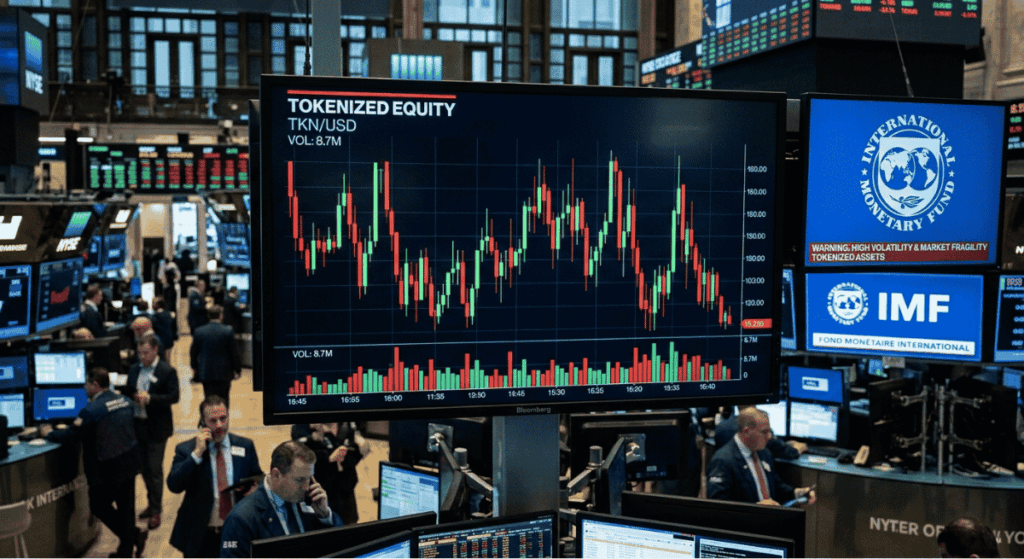 Unas pantallas con la volatilidad de las acciones tokenizadas en el mercado bursatil.