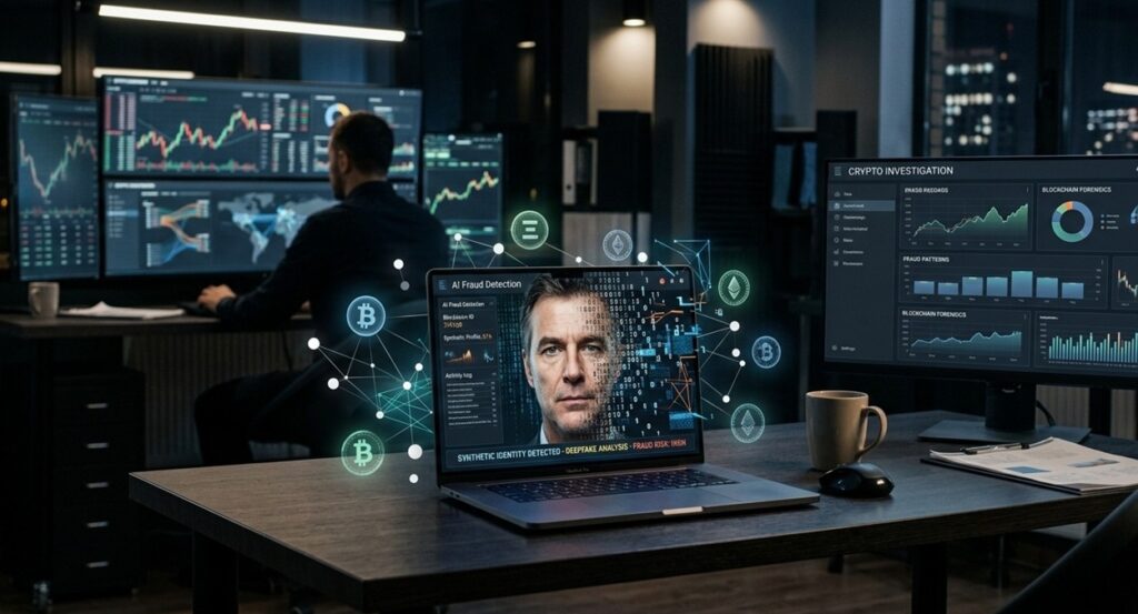 Sala de detección de ciberataques con una laptop sobre un escritorio con un rostro digital falso en pantalla.