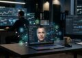 Sala de detección de ciberataques con una laptop sobre un escritorio con un rostro digital falso en pantalla.