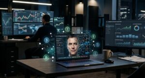 Sala de detección de ciberataques con una laptop sobre un escritorio con un rostro digital falso en pantalla.