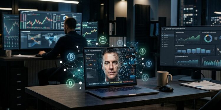 Sala de detección de ciberataques con una laptop sobre un escritorio con un rostro digital falso en pantalla.