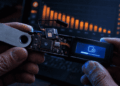 Primer plano de unas manos sosteniendo una hardware wallet abierta. Sobre la placa base, un pequeño módulo LTE con antena y cables finos conecta con el canal de datos que va hacia la pantalla. Al fondo, desenfocado, un gráfico de barras muestra el drenaje de fondos con barras naranjas y amarillas en caída abrupta.