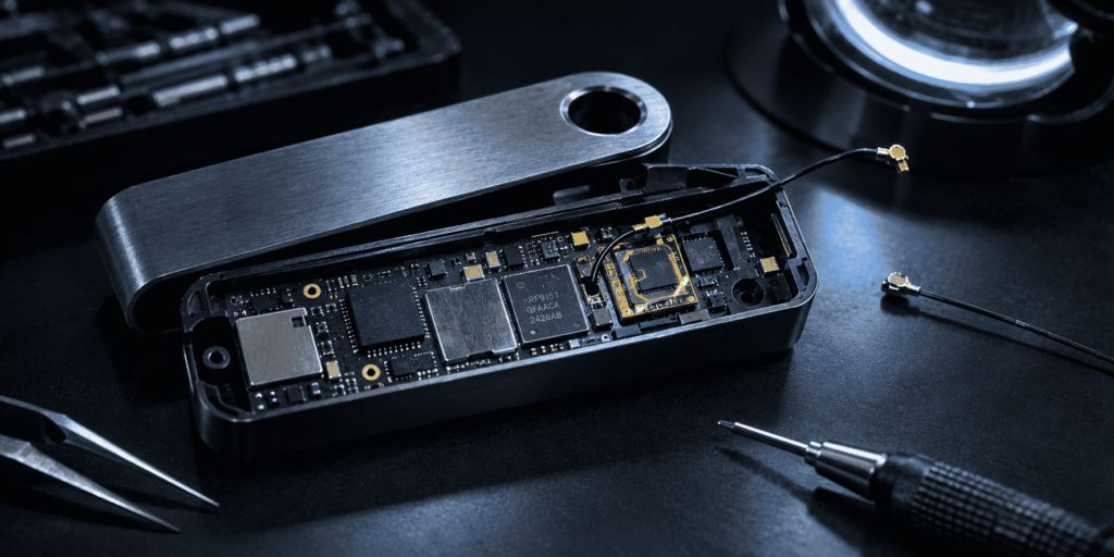 Hardware wallet abierta sobre una mesa, con un módulo espía soldado a la placa y una antena conectada.