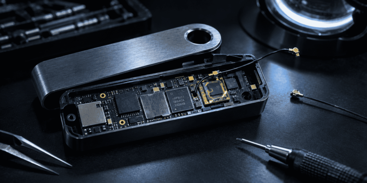 Hardware wallet abierta sobre una mesa, con un módulo espía soldado a la placa y una antena conectada.