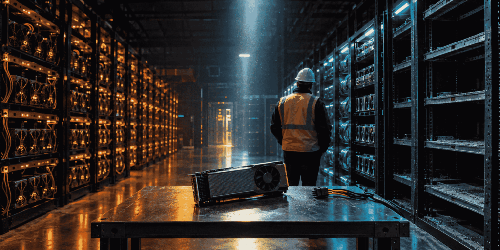 Centro de datos industrial en penumbra dividido por una luz vertical. A la izquierda, racks de minería de Bitcoin con luces ámbar. A la derecha, racks de servidores de IA con luces teal y varios espacios vacíos. En el centro, sobre una mesa metálica, un chip de GPU desconectado con el cable cortado a medio conectar. Un operador de espaldas observa los racks vacíos.