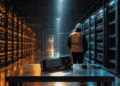 Centro de datos industrial en penumbra dividido por una luz vertical. A la izquierda, racks de minería de Bitcoin con luces ámbar. A la derecha, racks de servidores de IA con luces teal y varios espacios vacíos. En el centro, sobre una mesa metálica, un chip de GPU desconectado con el cable cortado a medio conectar. Un operador de espaldas observa los racks vacíos.