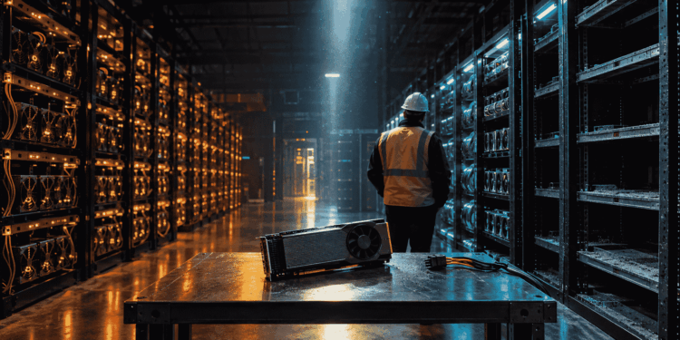 Centro de datos industrial en penumbra dividido por una luz vertical. A la izquierda, racks de minería de Bitcoin con luces ámbar. A la derecha, racks de servidores de IA con luces teal y varios espacios vacíos. En el centro, sobre una mesa metálica, un chip de GPU desconectado con el cable cortado a medio conectar. Un operador de espaldas observa los racks vacíos.