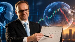 El analista Joachim Klement señalando una fecha en un calendario, con una burbuja financiera reventando.