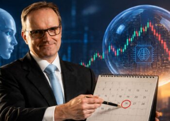 El analista Joachim Klement señalando una fecha en un calendario, con una burbuja financiera reventando.