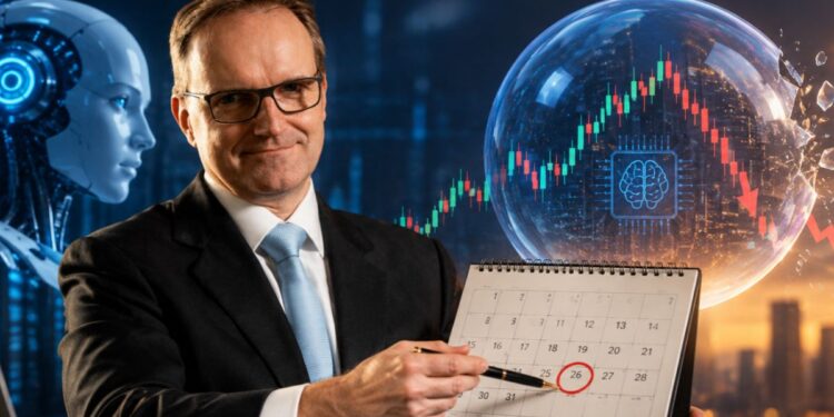 El analista Joachim Klement señalando una fecha en un calendario, con una burbuja financiera reventando.