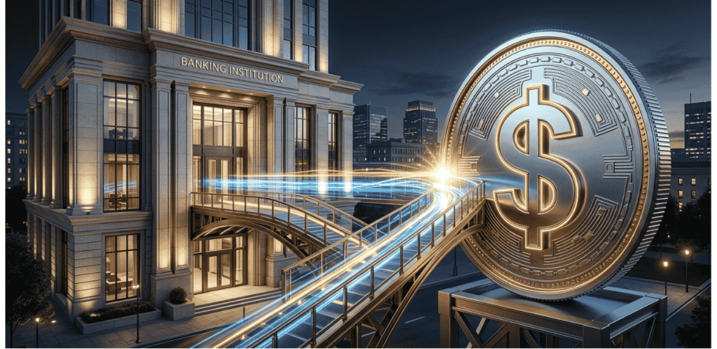 Un banco y una stablecoin conectándose.