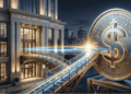 Un banco y una stablecoin conectándose.