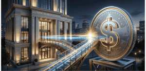 Un banco y una stablecoin conectándose.