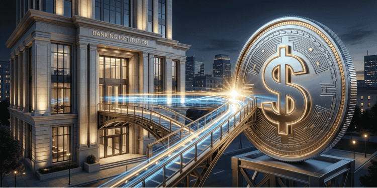 Un banco y una stablecoin conectándose.