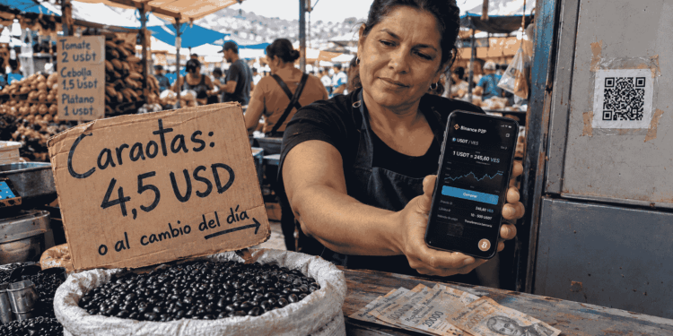 Fotografía de un puesto de mercado en Venezuela. Un cartel de cartón escrito a mano dice "Caraotas: 45 USDT" con una flecha que indica "o al cambio del día". El vendedor sostiene un teléfono inteligente con la aplicación Binance P2P mostrando la cotización del USDT. En la pared hay un código QR pegado con cinta adhesiva. Al fondo se ven otros puestos y clientes comprando.