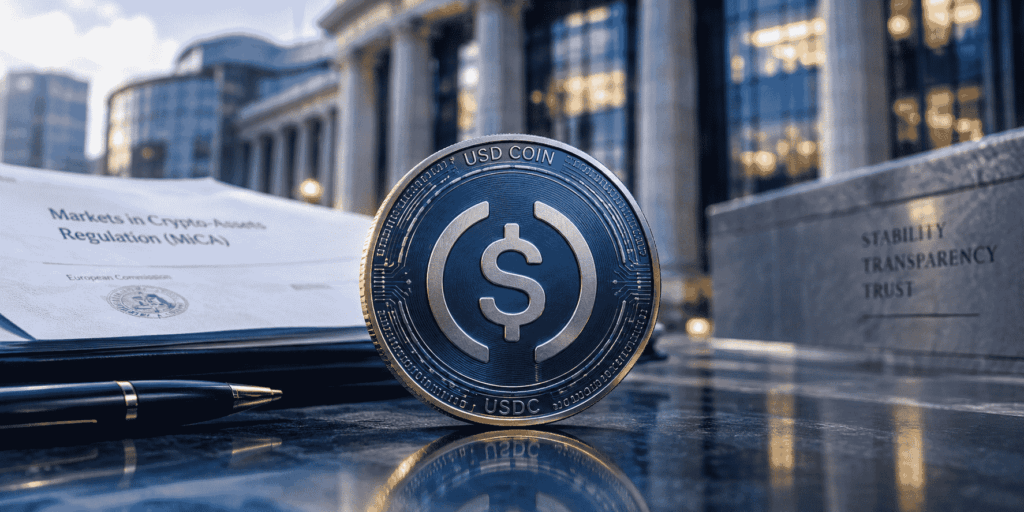 Moneda digital con el símbolo del dólar sobre un fondo desenfocado de arquitectura europea.