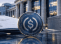 Moneda digital con el símbolo del dólar sobre un fondo desenfocado de arquitectura europea.