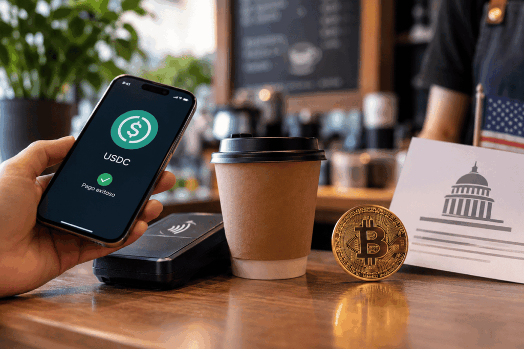Telefono pagando con USDT con una moneda de bitcoin