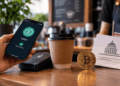 Telefono pagando con USDT con una moneda de bitcoin