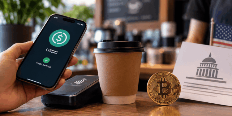Telefono pagando con USDT con una moneda de bitcoin