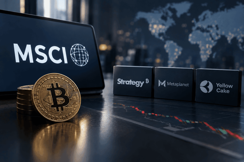 Una computadora con el logo de MSCI, una moneda de bitcoin sobre una mesa y logo de strategy