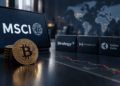 Una computadora con el logo de MSCI, una moneda de bitcoin sobre una mesa y logo de strategy