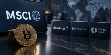 Una computadora con el logo de MSCI, una moneda de bitcoin sobre una mesa y logo de strategy