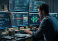 Fotografía de un investigador de ciberseguridad profundamente concentrado trabajando en un entorno oscuro, iluminado únicamente por el resplandor azulado de una estación de trabajo con múltiples monitores. Las pantallas muestran densas líneas de código de programación, interfaces de análisis y gráficos de nodos interconectados que evocan tanto topologías de redes como modelos de inteligencia artificial. La escena transmite una atmósfera de intenso enfoque analítico y tensión tecnológica, reflejando el meticuloso y lento proceso humano necesario para verificar, auditar y corregir vulnerabilidades críticas en sistemas informáticos complejos.