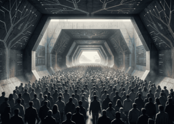 La imagen captura la sobrecogedora y claustrofóbica escala de un cuello de botella tecnológico y humano, donde una inmensa y densa multitud avanza de espaldas por un colosal túnel hexagonal de concreto hacia una lejana y estrecha salida de luz natural. Enmarcando esta marea de personas, las imponentes paredes y techos de la megaestructura están recubiertos de intrincados circuitos y patrones digitales iluminados que se ramifican como un árbol de datos (Merkle tree) en tonos azulados y cobrizos, junto a pantallas con códigos y métricas que sugieren un sistema de control masivo. La fotografía transmite con fuerza la tensión y el dilema que plantea la nota: la promesa de dar cabida a millones de usuarios bajo una única estructura compartida, contrastada con la evidente dificultad y el embotellamiento que se genera cuando una multitud intenta atravesar al mismo tiempo una única y limitada vía de escape.