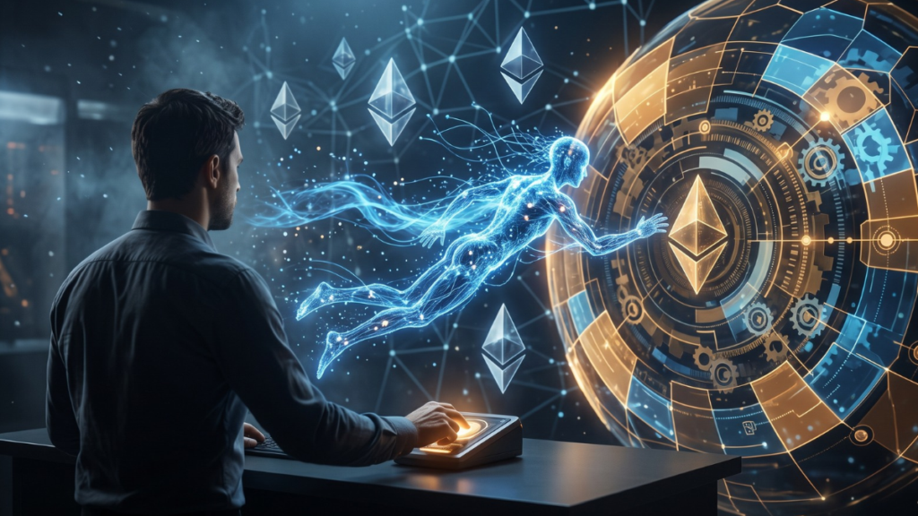 Un hombre interactúa con un entorno holográfico futurista donde una figura translúcida de energía azul, que representa a una inteligencia artificial, avanza hacia una imponente bóveda circular dorada. En el centro de esta compleja estructura de seguridad y flotando por el espacio oscuro se encuentran varios prismas del logo de Ethereum, ilustrando la conexión de un agente de IA operando contra los estrictos límites protectores de una wallet criptográfica.