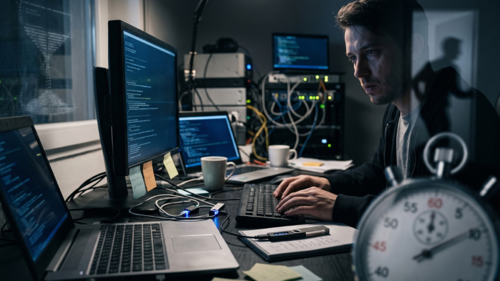 Fotografía en tonos oscuros de un hombre trabajando con expresión de tensión frente a múltiples monitores que muestran líneas de código. Sobre su escritorio hay computadoras portátiles y dispositivos tipo hardware wallet conectados. En un primer plano desenfocado destaca un gran cronómetro analógico, mientras que en el cristal de la derecha se refleja la silueta de una persona corriendo. La composición visual transmite una sensación de urgencia, ciberseguridad y una carrera contra el tiempo.