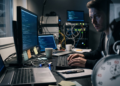 Fotografía en tonos oscuros de un hombre trabajando con expresión de tensión frente a múltiples monitores que muestran líneas de código. Sobre su escritorio hay computadoras portátiles y dispositivos tipo hardware wallet conectados. En un primer plano desenfocado destaca un gran cronómetro analógico, mientras que en el cristal de la derecha se refleja la silueta de una persona corriendo. La composición visual transmite una sensación de urgencia, ciberseguridad y una carrera contra el tiempo.