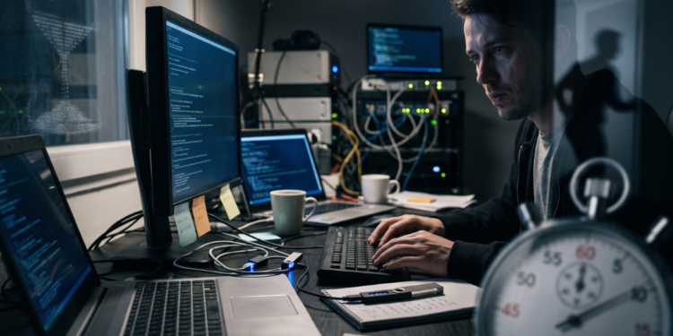 Fotografía en tonos oscuros de un hombre trabajando con expresión de tensión frente a múltiples monitores que muestran líneas de código. Sobre su escritorio hay computadoras portátiles y dispositivos tipo hardware wallet conectados. En un primer plano desenfocado destaca un gran cronómetro analógico, mientras que en el cristal de la derecha se refleja la silueta de una persona corriendo. La composición visual transmite una sensación de urgencia, ciberseguridad y una carrera contra el tiempo.