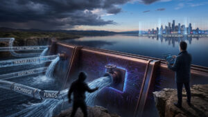 La imagen ilustra de forma metafórica la tensión entre la trazabilidad pública y el anonimato en las transacciones digitales, representando una infraestructura tecnológica en medio de un paisaje natural bajo un cielo nublado. A la izquierda, una tubería transparente muestra un flujo visible de datos y cifras binarias iluminadas. En el centro, una figura en sombras parece canalizar o desviar este flujo hacia una bóveda metálica sellada con circuitos azules. En el extremo derecho, en una posición elevada, un observador con un dispositivo electrónico analiza la escena con vista hacia una ciudad futurista iluminada al fondo, marcando el punto de control e inspección final.