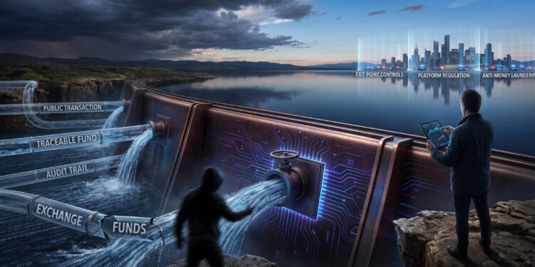 La imagen ilustra de forma metafórica la tensión entre la trazabilidad pública y el anonimato en las transacciones digitales, representando una infraestructura tecnológica en medio de un paisaje natural bajo un cielo nublado. A la izquierda, una tubería transparente muestra un flujo visible de datos y cifras binarias iluminadas. En el centro, una figura en sombras parece canalizar o desviar este flujo hacia una bóveda metálica sellada con circuitos azules. En el extremo derecho, en una posición elevada, un observador con un dispositivo electrónico analiza la escena con vista hacia una ciudad futurista iluminada al fondo, marcando el punto de control e inspección final.