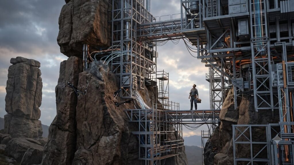 imagen de un hombre en unos andamios en medio de un barranco mirando hacia arriba emulando la complejidad de la construcción.