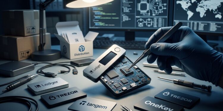 Imagen horizontal en formato 16:9 que muestra un entorno de investigación forense sobre ciberseguridad y cadenas de suministro de monederos fríos. En primer plano, sobre un escritorio iluminado por una lámpara articulada, la mano enguantada de un experto utiliza unas pinzas para inspeccionar minuciosamente el circuito impreso expuesto y los microchips de un dispositivo de almacenamiento cripto. A su alrededor se observan herramientas de precisión, cajas de envío y monederos de marcas como Ledger, Trezor, Tangem y OneKey con sus respectivos logotipos integrados en los chasis. De fondo, varias pantallas de ordenador muestran código fuente, esquemas de circuitos integrados y un mapa global de redes de distribución, transmitiendo una atmósfera técnica, cautelosa y analítica sobre la verificación de hardware.