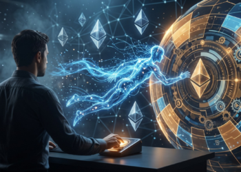Un hombre interactúa con un entorno holográfico futurista donde una figura translúcida de energía azul, que representa a una inteligencia artificial, avanza hacia una imponente bóveda circular dorada. En el centro de esta compleja estructura de seguridad y flotando por el espacio oscuro se encuentran varios prismas del logo de Ethereum, ilustrando la conexión de un agente de IA operando contra los estrictos límites protectores de una wallet criptográfica.