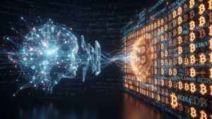 Una representación visual abstracta muestra una cabeza humana luminosa formada por una red neuronal azul y blanca a la izquierda, interactuando a través de flujos de datos con una estructura brillante compuesta por símbolos de Bitcoin y texto criptográfico naranja a la derecha. El fondo es un entorno digital oscuro con fórmulas matemáticas y código flotante, que transmite una interacción tecnológica entre la inteligencia artificial y la criptomoneda.