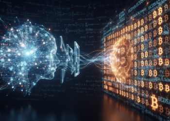 Una representación visual abstracta muestra una cabeza humana luminosa formada por una red neuronal azul y blanca a la izquierda, interactuando a través de flujos de datos con una estructura brillante compuesta por símbolos de Bitcoin y texto criptográfico naranja a la derecha. El fondo es un entorno digital oscuro con fórmulas matemáticas y código flotante, que transmite una interacción tecnológica entre la inteligencia artificial y la criptomoneda.