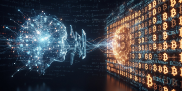 Una representación visual abstracta muestra una cabeza humana luminosa formada por una red neuronal azul y blanca a la izquierda, interactuando a través de flujos de datos con una estructura brillante compuesta por símbolos de Bitcoin y texto criptográfico naranja a la derecha. El fondo es un entorno digital oscuro con fórmulas matemáticas y código flotante, que transmite una interacción tecnológica entre la inteligencia artificial y la criptomoneda.