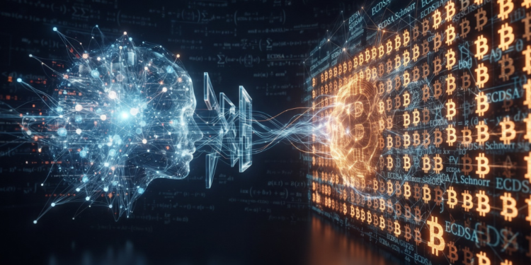Una representación visual abstracta muestra una cabeza humana luminosa formada por una red neuronal azul y blanca a la izquierda, interactuando a través de flujos de datos con una estructura brillante compuesta por símbolos de Bitcoin y texto criptográfico naranja a la derecha. El fondo es un entorno digital oscuro con fórmulas matemáticas y código flotante, que transmite una interacción tecnológica entre la inteligencia artificial y la criptomoneda.