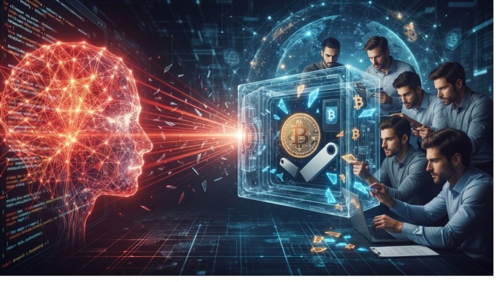 Una representación visual futurista y conceptual donde una red neuronal de IA, estilizada como una cabeza humana brillante, proyecta rayos de luz rojos y afilados hacia una bóveda digital que contiene una moneda de Bitcoin y una cartera de hardware. A la derecha, un grupo de analistas humanos rodea la bóveda, intentando reparar las grietas causadas por la IA. La imagen contrasta la velocidad automatizada de la IA con el esfuerzo defensivo humano en el ecosistema de Bitcoin.