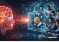 Una representación visual futurista y conceptual donde una red neuronal de IA, estilizada como una cabeza humana brillante, proyecta rayos de luz rojos y afilados hacia una bóveda digital que contiene una moneda de Bitcoin y una cartera de hardware. A la derecha, un grupo de analistas humanos rodea la bóveda, intentando reparar las grietas causadas por la IA. La imagen contrasta la velocidad automatizada de la IA con el esfuerzo defensivo humano en el ecosistema de Bitcoin.