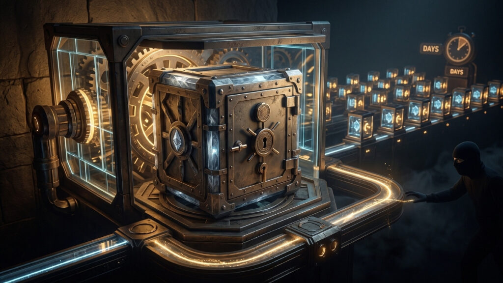 Una ilustración conceptual muestra una caja fuerte blindada que contiene un símbolo de Ethereum protegido dentro de un mecanismo complejo y transparente. Mientras la bóveda principal y los nodos del fondo permanecen seguros, una figura oscura intercepta un haz de luz dorada que fluye por una tubería externa, simbolizando el desvío de las comisiones en una capa operativa separada del capital principal.