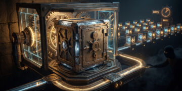 Una ilustración conceptual muestra una caja fuerte blindada que contiene un símbolo de Ethereum protegido dentro de un mecanismo complejo y transparente. Mientras la bóveda principal y los nodos del fondo permanecen seguros, una figura oscura intercepta un haz de luz dorada que fluye por una tubería externa, simbolizando el desvío de las comisiones en una capa operativa separada del capital principal.