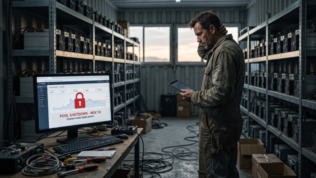 En el interior de un frío y desordenado almacén de minería de criptomonedas, un operario con mono de trabajo desgastado se lleva la mano a la cabeza con visible preocupación mientras habla por teléfono y consulta una tableta, rodeado de estanterías repletas de ruidosos equipos conectados por un enredo de cables. Sobre una mesa de trabajo en primer plano, la pantalla de un ordenador muestra un gráfico financiero interrumpido por un gran candado rojo y las advertencias «POOL SHUTDOWN - NOV 10» y «PENDING FUNDS UNDER REVIEW», evidenciando el impacto de un cierre inminente. La luz natural que entra por la puerta abierta revela un atardecer nublado, reforzando una atmósfera de incertidumbre, desamparo y urgencia en medio de la compleja transición de sus operaciones.